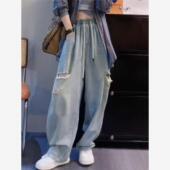 子阔腿宽松高腰拖地显瘦学生韩版 长裤 休闲 女夏季 破洞松紧腰牛仔裤