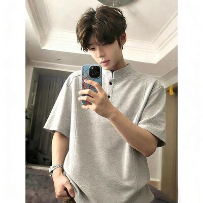 浅灰色亨利领短袖解构T恤