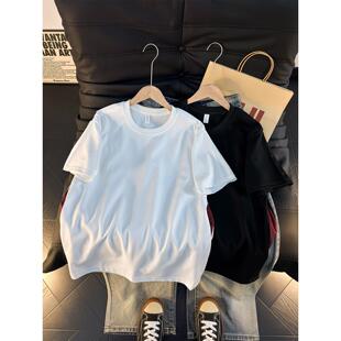 圆领撞色短袖t恤女生夏季cleanfit宽松设计感解构廓形半截袖上衣