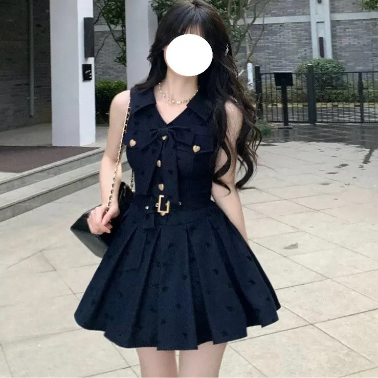 法式学院风无袖蓝色连衣裙子女夏连衣裙