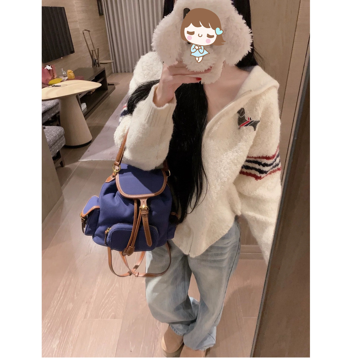 现直货发!四条杠刺绣小狗针织连帽开衫圈圈毛上衣拉链毛衣外套女