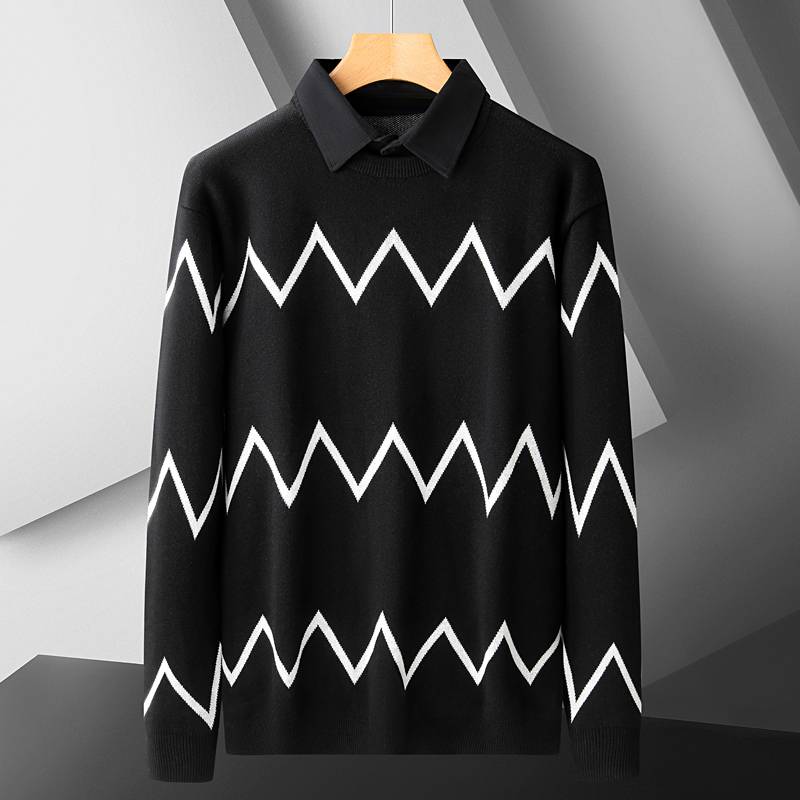 胖子男士长袖针织衫加肥加大码宽松假两件衬衫领毛衣加绒加厚青年