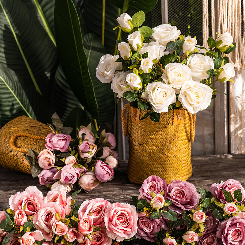 美式田园客厅装饰仿真花束玫瑰餐厅橱窗复古塑料假花摆件家居花艺
