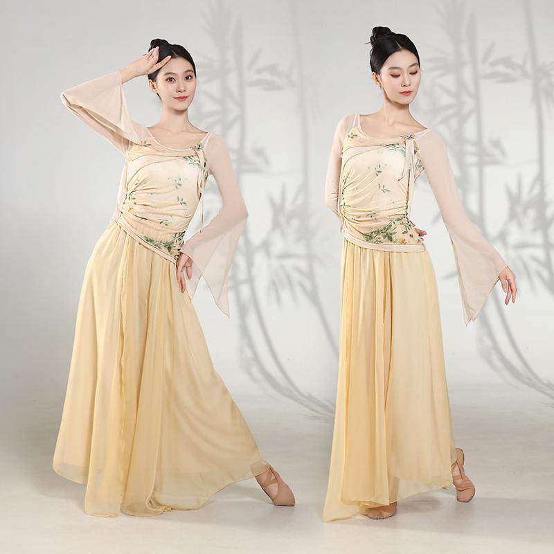 古典舞蹈服装印花演出服喇叭袖旗袍上衣中国风表演练功服纱衣