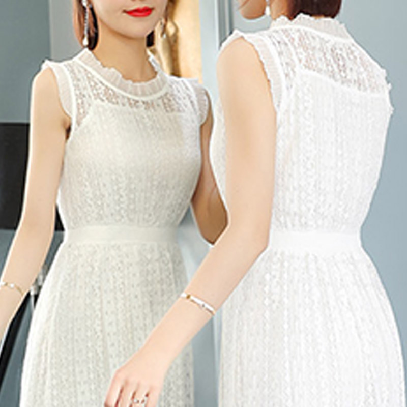 蕾丝连衣裙女 2018夏装新款韩版名媛中长款修身无袖白色两件套裙