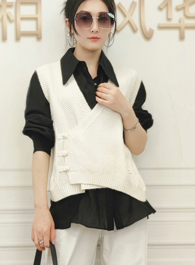 可路莎2211150中式马甲两件套女春秋款款休闲衬衫搭针织背心