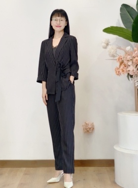 艺素晓Y211春夏气质通勤条纹西服两件套绑带收腰西装外套