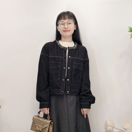 可路莎专柜253081春秋复古领口钉珠牛仔外套女休闲夹克上衣