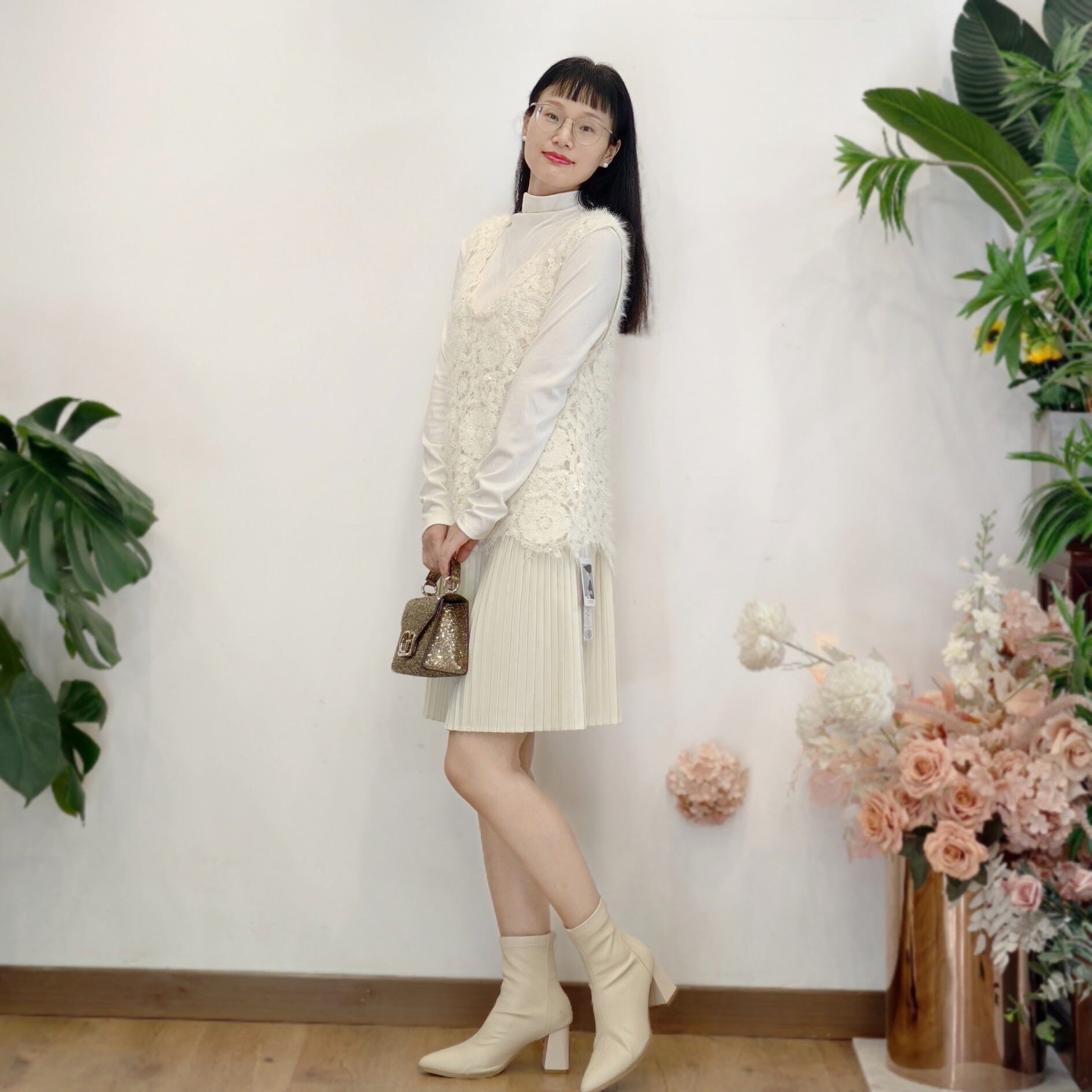可路莎专柜254356秋冬针织连衣裙两件套女外搭勾花镂空背心套装