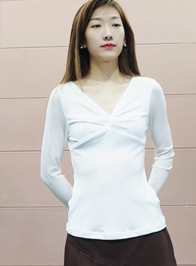 慢一点28123春秋V领长袖网纱t恤百搭性感薄款打底衫女