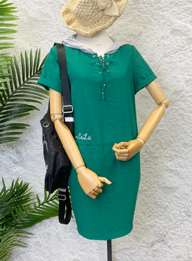 可路莎C82333休闲连帽裙新款夏款舒适撞色拼接连帽连衣裙