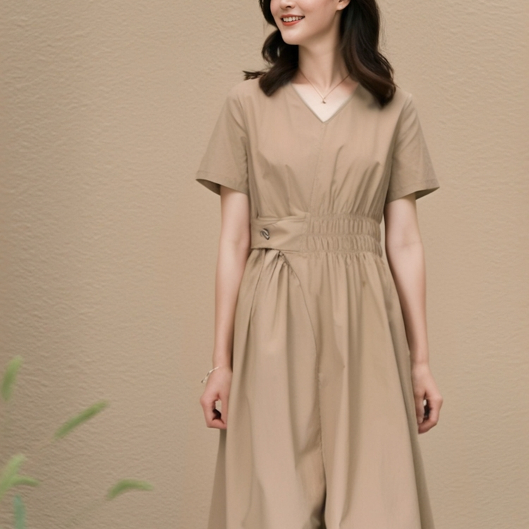 可路莎专柜242673夏季新款V领收腰显瘦连衣裙女中长款气质A字裙
