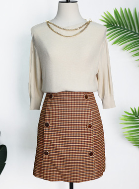 可路莎C211078B小香风半身裙女春秋新款高腰格子A字裙中裙