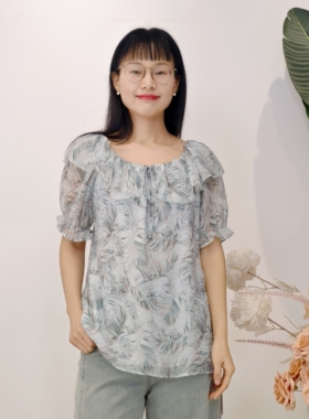 可路莎专柜252540夏季气质天丝荷叶边衬衫女法式一字肩上衣