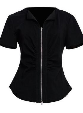 可路莎专柜242453夏季小翻领双拉链短袖T恤女修身显瘦百搭上衣