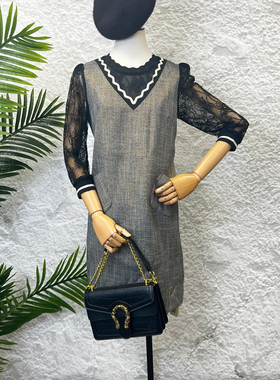 可路莎93423拼接蕾丝袖连衣裙女春秋新款复古休闲直筒裙