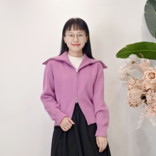 可路莎专柜253161春秋大翻领学院风双头拉链针织开衫毛衣