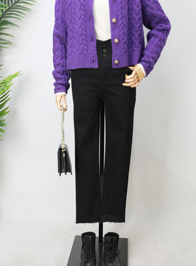 可路莎C141387小脚牛仔裤女2022秋冬款三排扣高腰内里磨毛打底裤