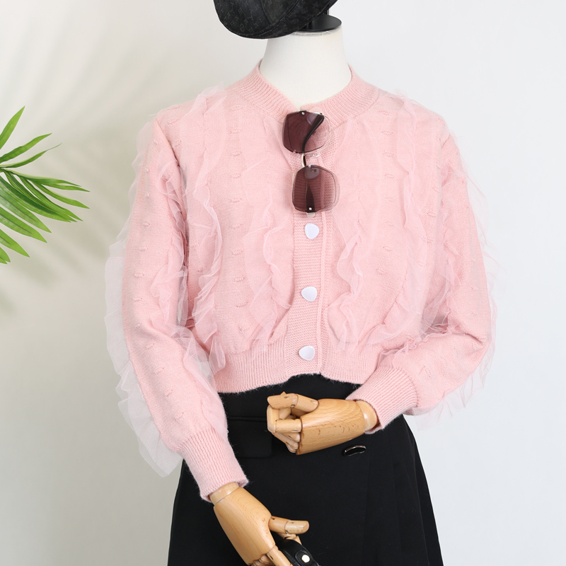 春秋小个子网纱拼接镂空针织开衫