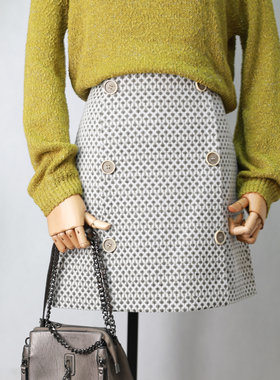 艺素晓43203时尚双排扣装饰半身裙女春秋新款百搭格子a字裙