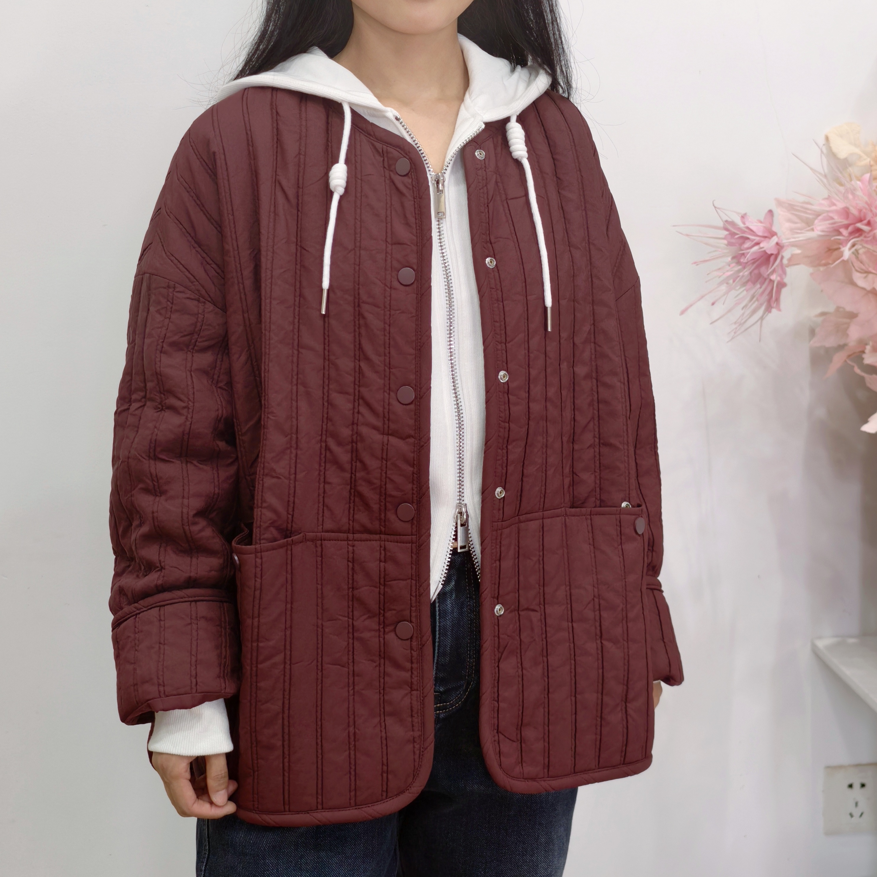 可路莎251151春秋条纹绗绒短外套