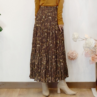 可路莎专柜254557秋冬高腰印花压褶半身裙女碎花大摆裙