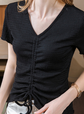 慢一点M301901抽绳短袖夏季V领压褶抽褶修身短袖T恤女