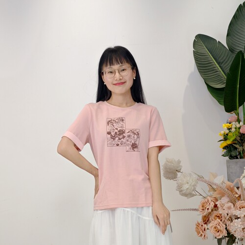 可路莎专柜242461夏季印花T恤女拼接国风新中式复古短袖上衣
