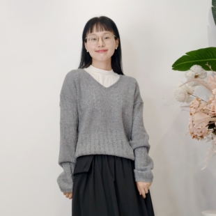 可路莎专柜253055春秋宽松慵懒V领镂空针织衫套头罩衫