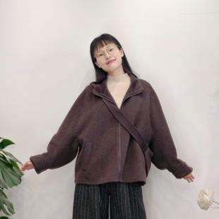 可路莎专柜258342秋冬立领休闲蝙蝠袖短款廓形双面呢大衣女