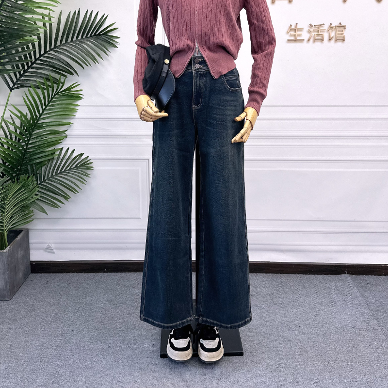 可路莎244912冬加绒直筒牛仔长裤