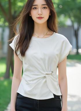 可路莎专柜242323夏季落肩圆领T恤女设计感扭结收腰短袖修身上衣