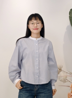 慢一点44214春秋通勤减龄拼接小立领条纹衬衫女洋气灯笼长袖衬衣