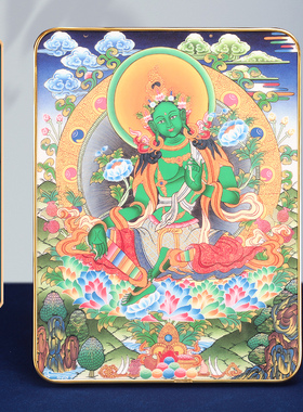 唐卡绿度母藏式画像挂佛像画金色圆角相框水晶版画桌摆件西藏家居