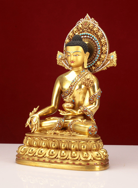 藏式纯铜七寸药师佛像佛用供奉摆件精品全身黄色1尺铜装物尼泊尔