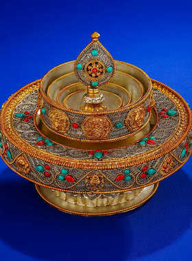 尼泊尔手工曼扎盘全套铜鎏金银掐丝曼扎曼茶盘曼茶罗修盘10.5cm