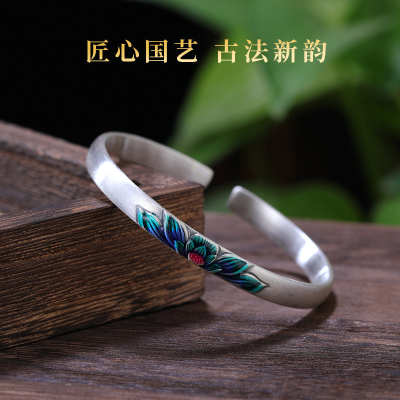 纯银手镯999足银仿古法琅低温烤蓝银叶莲花女士开口银手镯民族风