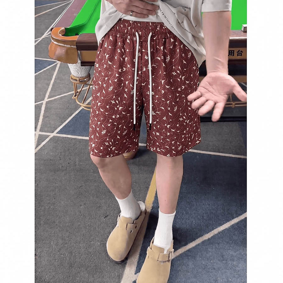 花藤蔓碎花短裤夏款情侣外穿抽绳松紧腰透气速干潮流五分沙滩裤