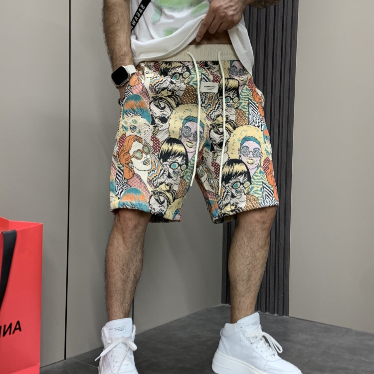 夏季新款美式短裤男潮牌花裤子男潮流涂鸦短裤夏季男休闲五分裤子
