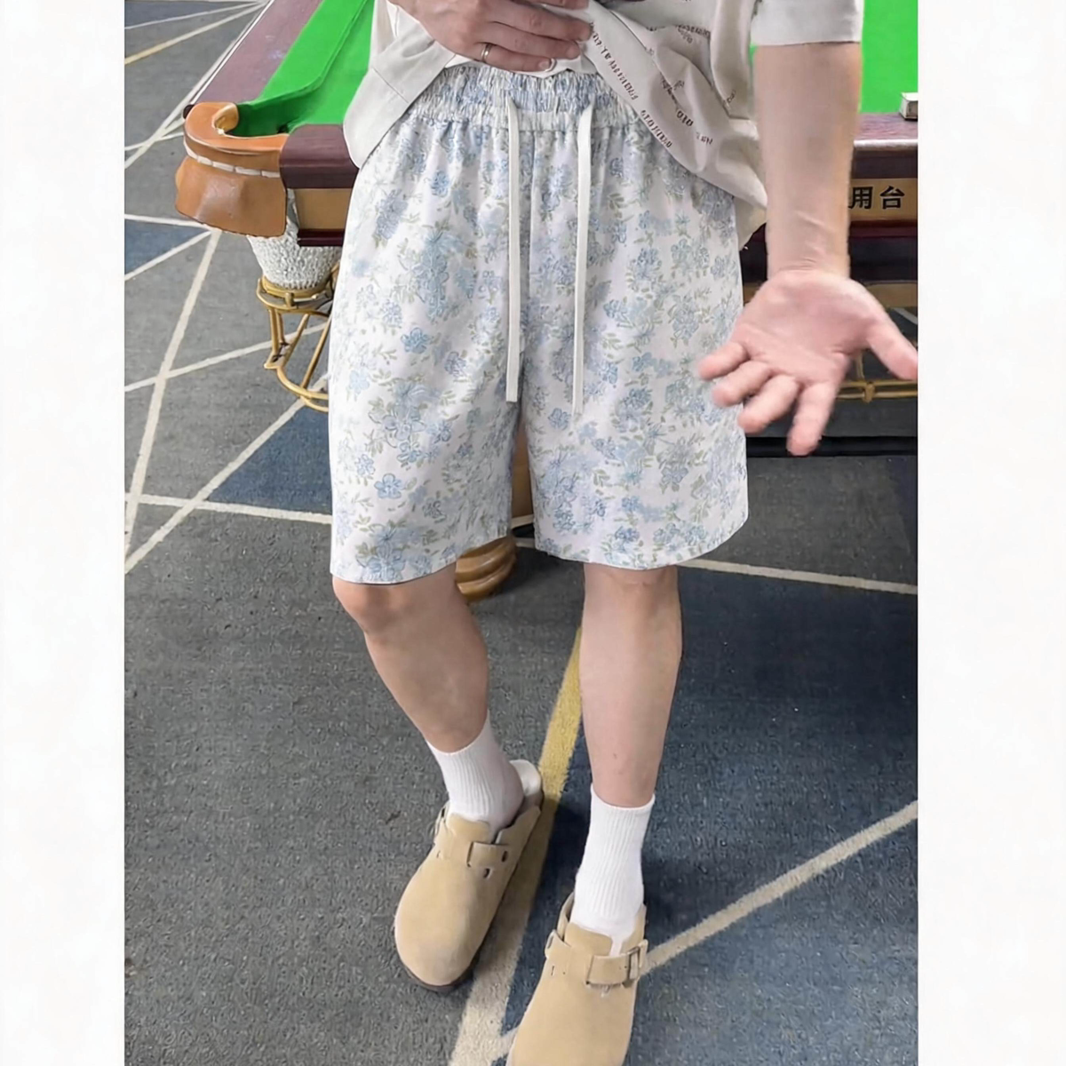 日系浅蓝印花阔腿短裤男女夏季透气棉感面料小个子显高显瘦五分裤