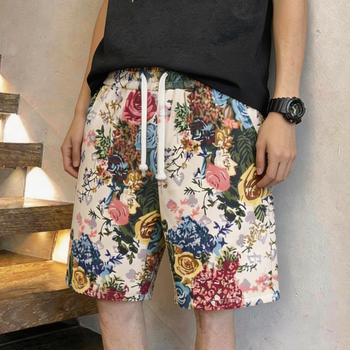 高品质夏季5分裤设计感玫瑰花运动休闲短裤时尚五分裤男女情侣款
