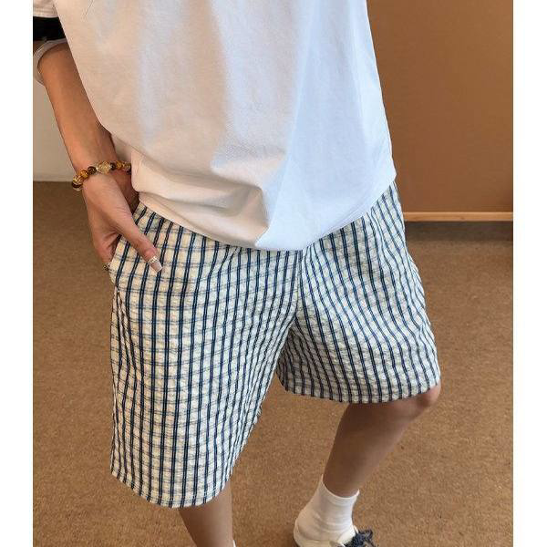 日系复古蓝白格子休闲裤轻薄透气不闷汗宽松直筒五分短裤男女同款