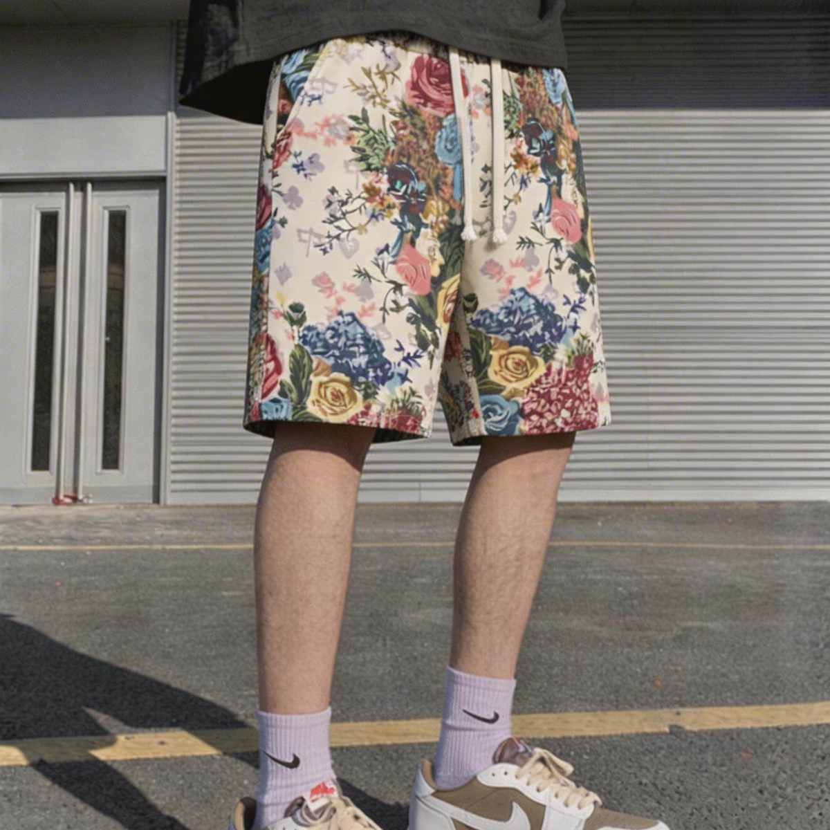 油画风玫瑰花立体印花短裤男生阔腿5分裤直筒裤子显瘦百搭休闲