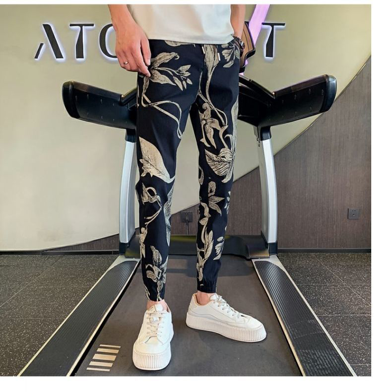网红夏季男士薄款冰丝哈伦裤宽松束脚印花九分裤痞帅青年休闲裤潮