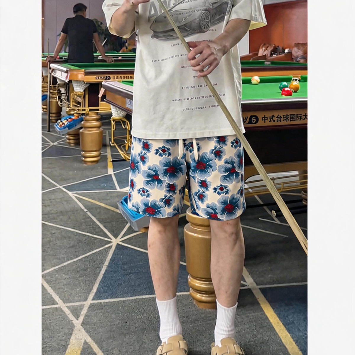 港风复古蓝调花卉印花短裤男女夏季宽松垂感直筒潮牌休闲五分裤