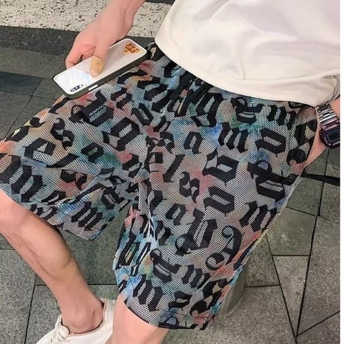 美式做旧字母沙滩裤满印短裤男夏松紧腰宽松出街百搭五分休闲中裤