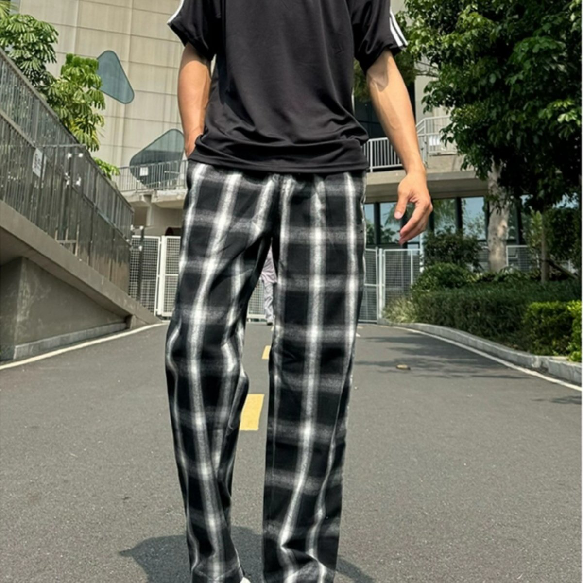 黑白格子运动裤子男女设计感痞帅垂感休闲裤美式vibe阔腿直筒裤