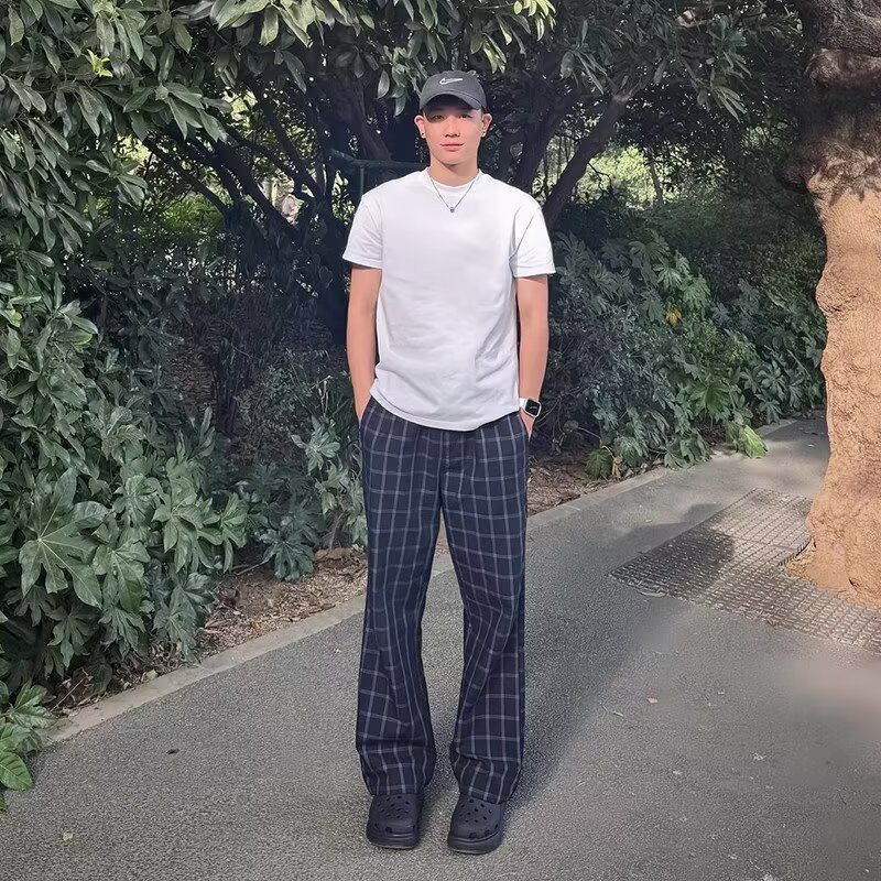 网红同款复古格子休闲裤男春秋季薄款百搭宽松美式潮牌直筒阔腿