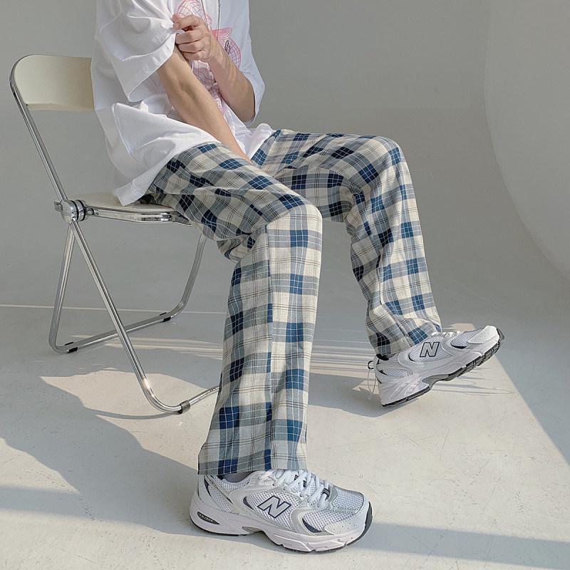 春秋季格子休闲裤男港风潮流痞帅裤子薄款潮牌宽松直筒阔腿长裤