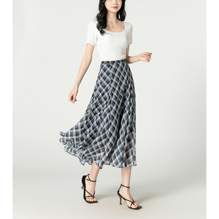 夏季遮肉显瘦雪纺半身裙女2026新款黑白格纹半身裙女高腰半身裙女